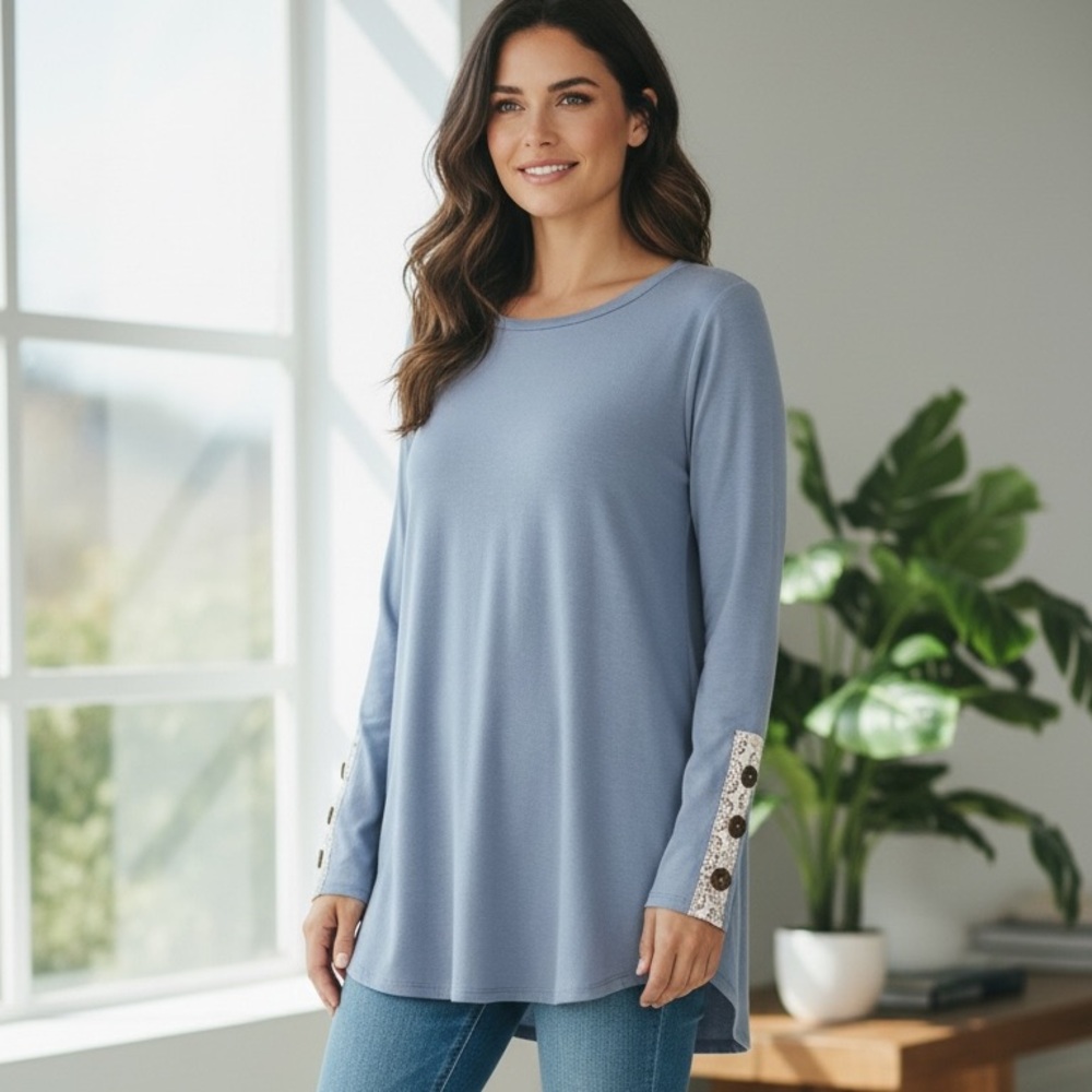 NEW• Dusty Blue Lace & Button Accented Sweater •XL-2X